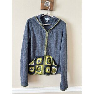 BDG Size L Blue Wool Blend Zip Front Cardigan Sweater Hooded Crochet Pockets